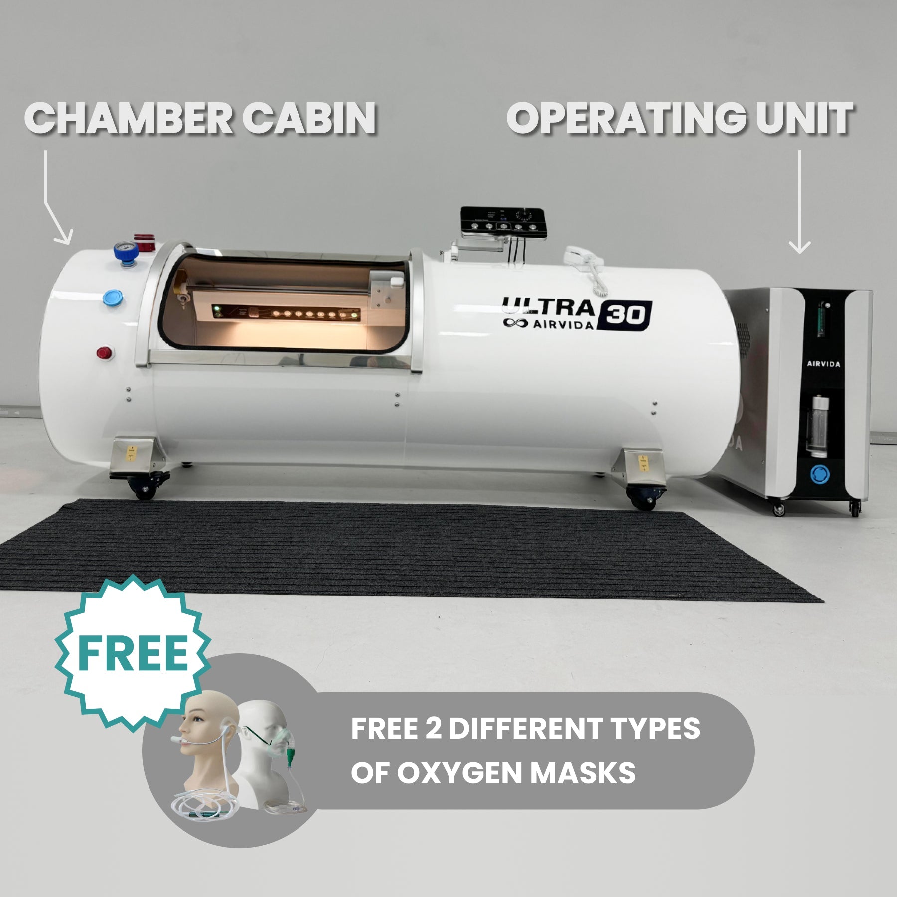 Airvida Ultra 36 2.0 ATA (89" x 36") Hard Shell Lying Hyperbaric Chamber
