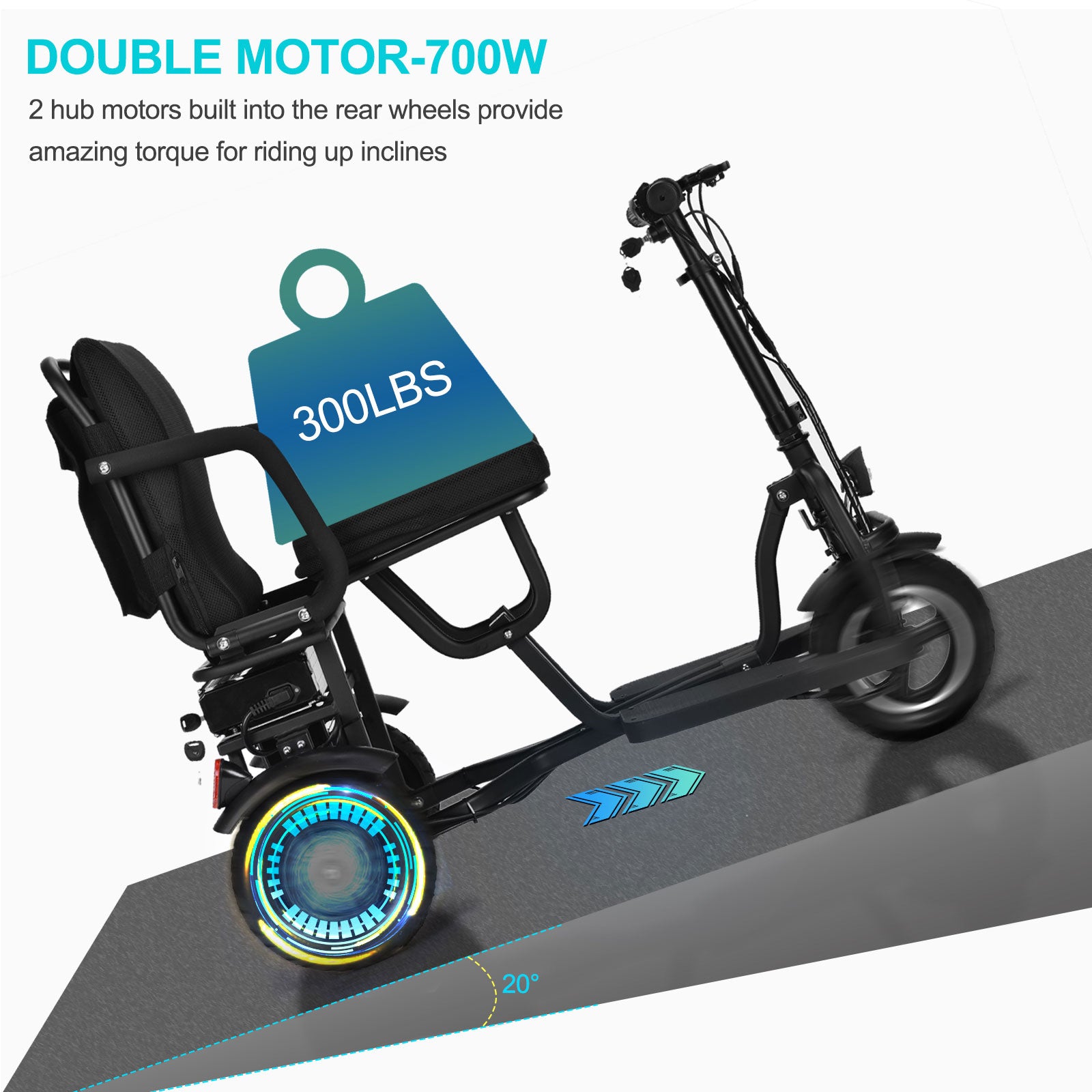 MotoTec Folding Mobility Electric Trike 48v 700w Dual Motor Lithium Black- MT-FOLD-TRK-700