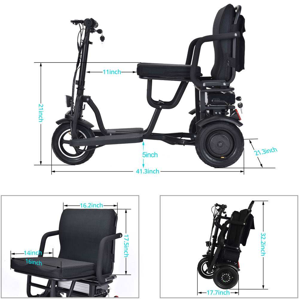 MotoTec Folding Mobility Electric Trike 48v 700w Dual Motor Lithium Black- MT-FOLD-TRK-700