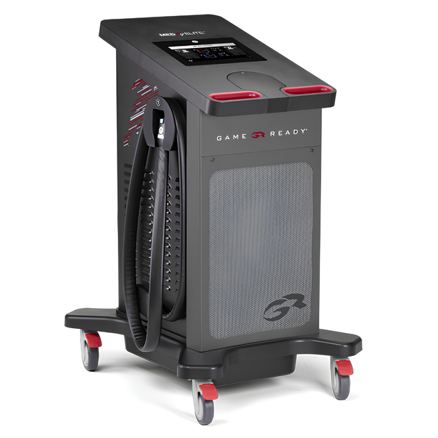 Game Ready Med4 Elite multi-modality control unit on four lockable wheels with touchscreen, angled view