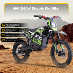 MotoTec 60v Pro Electric Dirt Bike 2000w Lithium, Green - MT-Dirt-Pro-2000_Green