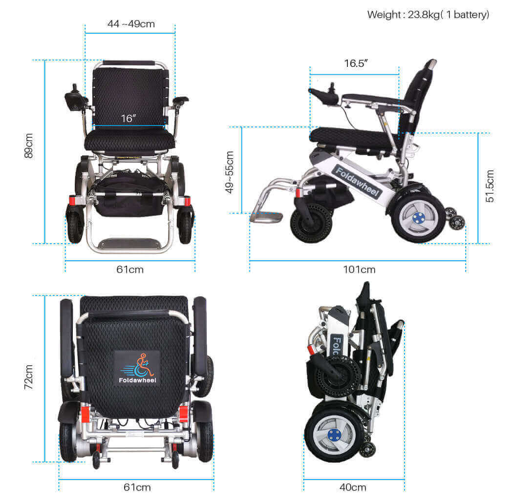 Foldable electric wheelchair with dimensions and weight information on a white background