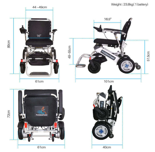 Foldable electric wheelchair with dimensions and weight information on a white background