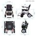 Foldable electric wheelchair with dimensions and weight information on a white background