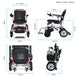 Foldable electric wheelchair with dimensions and weight information on a white background