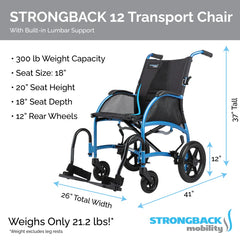 Strongback Excursion 12 Lightweight Wheelchair/Transport Chair with Attendant Brake - 1003