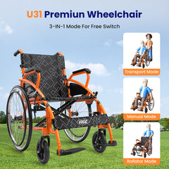 Vocic 3 In 1 Lightweight Foldable Manual Wheelchair - U31