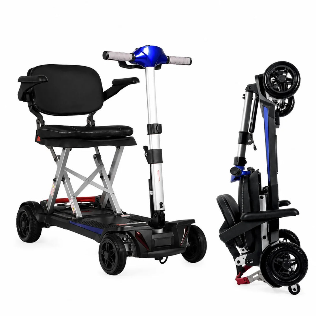 Enhance Mobility MobiFree folding mobility scooter in blue, side profile